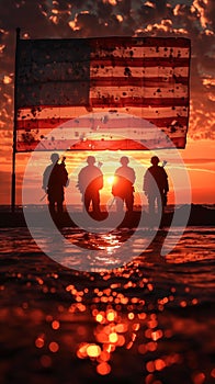 American flag, symbol of pride & remembrance , sunset background. Memorial Day sunset.