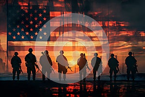 American flag, symbol of pride & remembrance , sunset background. Memorial Day sunset.