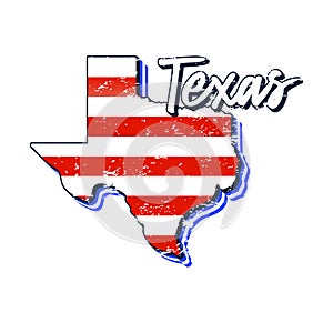 American flag in Texas state map. Vector grunge style with Typography hand drawn lettering Texas on map shaped old grunge vintage