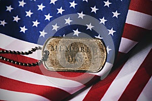 American flag and text memorial day in a dog tag