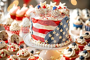 American flag-themed cake and cupcakes for 4th of July celebration