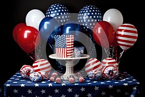 American flag-themed decorations and outfits for Independence Day celebrations, ballons on the table, Generative AI