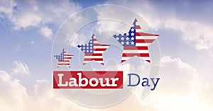 American flag on three stars and happy labor day text against clouds in blue sky