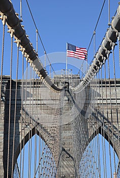 American flag on top of famous Brooklyn Bridge