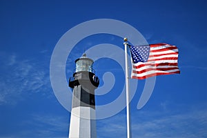 American Flag and top of Tybee Island Lighthouse