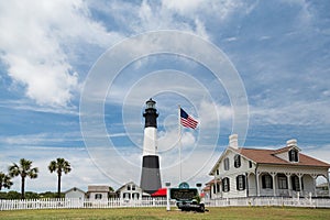 American Flag and Tybee Lighthouse