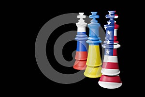 American flag, Ukrainian flag and Russian flag on chess pieces