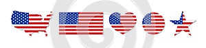 American flag. Usa flag with different forms map, circle, heart, star and rectangle. Icons of united states of america. Patriot