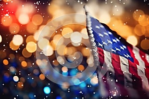 American Flag. Usa Flag waving outdoors, bokeh. 4th July - Independence day concept