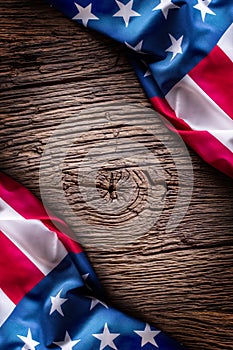 American Flag. Usa flags on rustic oak board together diagonally