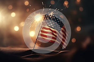 The American flag wave through the night sky with lit sparkler and fireworks in the background. 4 july independence day . Concept