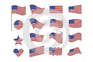 American flag wave perspective, circle and heart shape, vector set of USA national flags