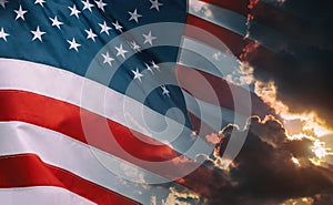 American flag waving in cloudy sky and bright sunrise over the horizon