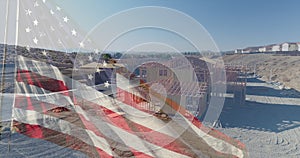 American Flag Waving With Drone Aerial View of New Home Construction Site Background