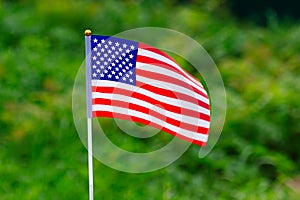 American Flag waving in the green grass background