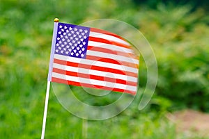 American Flag waving in the green grass background