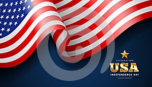 American flag waving, independence day banner design, on dark blue background