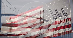 American Flag Waving With Shipping Port Harbor Dock and Bridge Silhouette Background