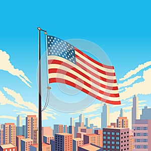 American Flag Waving with Skyscraper Building of the City in Blue Sky View. USA National Festival Celebration Poster