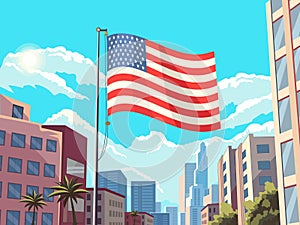 American Flag Waving with Skyscraper Building View of the City on Bright Blue Sky Background. USA National Festival Celebration