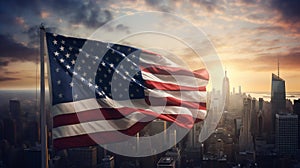 American Flag Waving at Sunrise in New York Cityscape. Generative ai