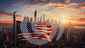 American Flag Waving at Sunrise in New York Cityscape. Generative ai