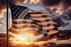 American flag waving in the wind against a blue and orange sunset sky, American flag waving in the wind at sunset, AI Generated