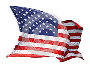 American flag waving in the wind isolated on white background. 3D