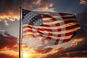 American flag waving in the wind at sunset, 3d render. American flag waving in the wind at sunset, AI Generated