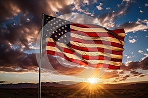 American flag waving in the wind at sunset. 3D Rendering, American flag waving in the wind at sunset, AI Generated