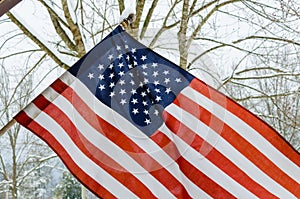 American Flag with winter snow background