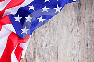 American flag on wood background for add text Memorial Day or 4th of July.