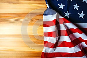 American flag on wood table background with copy space