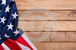 American flag on wooden background with a toning effect.The Flag Of The United States Of America. Template.The view from the top