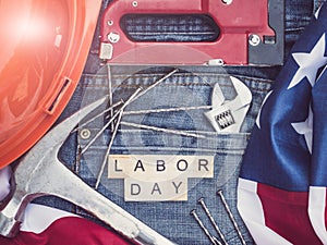 American Flag, wrench, nails, jeans and wooden letters