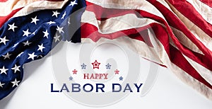 American flags against white background. Flat lay with copy space. Happy Labor Day concept