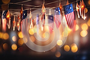 American flags on bokeh background. 3D Rendering, A garland of Malaysia national flags on an abstract blurred background, AI