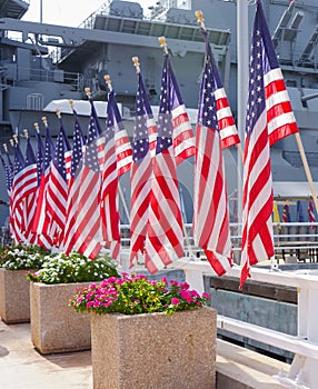 American Flags in front of USS Missouri Battleship photo