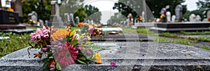 American flags on graves of veterans on memorial day in national cemetery with copy space for text