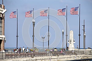 American Flags on the lakeside at Navy Pier. Chicago, IL, USA. September 16, 2016.