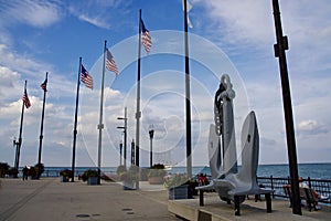 American Flags on the lakeside at Navy Pier. Chicago, IL, USA. September 16, 2016.