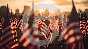 American flags set up for happy Veterans Day, Memorial Day, and Independence Day. Afternoon sun