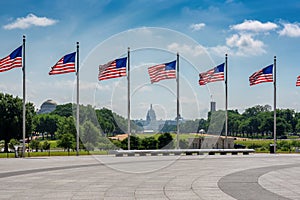 American flags at sunny day and Capitol Building in background in Washington DC