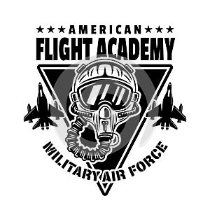 American flight academy vector emblem, badge, label, logo or t-shirt print with pilot helmet in monochrome vintage style