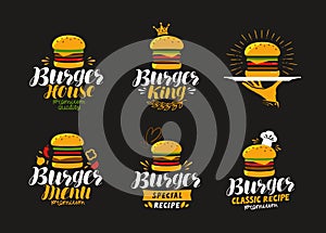 American food logo. Burger, cheeseburger, hamburger icon or label. Vector illustration