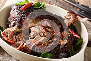 American food Pernil Asado shredded pork closeup on a plate on the table. horizontal