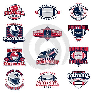 American Football 12 colored badges Set in Vintage Style. Retro Collection of red and blue Football elements and emblems