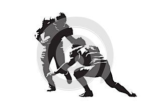 American football action, two players. Isolated vector silhouette, ink drawing