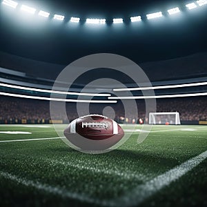 American football arena with yellow goal post, grass field and blurry fans on the court. Concept of active sport, football,
