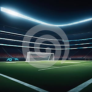 American football arena with yellow goal post, grass field and blurry fans on the court. Concept of active sport, football,